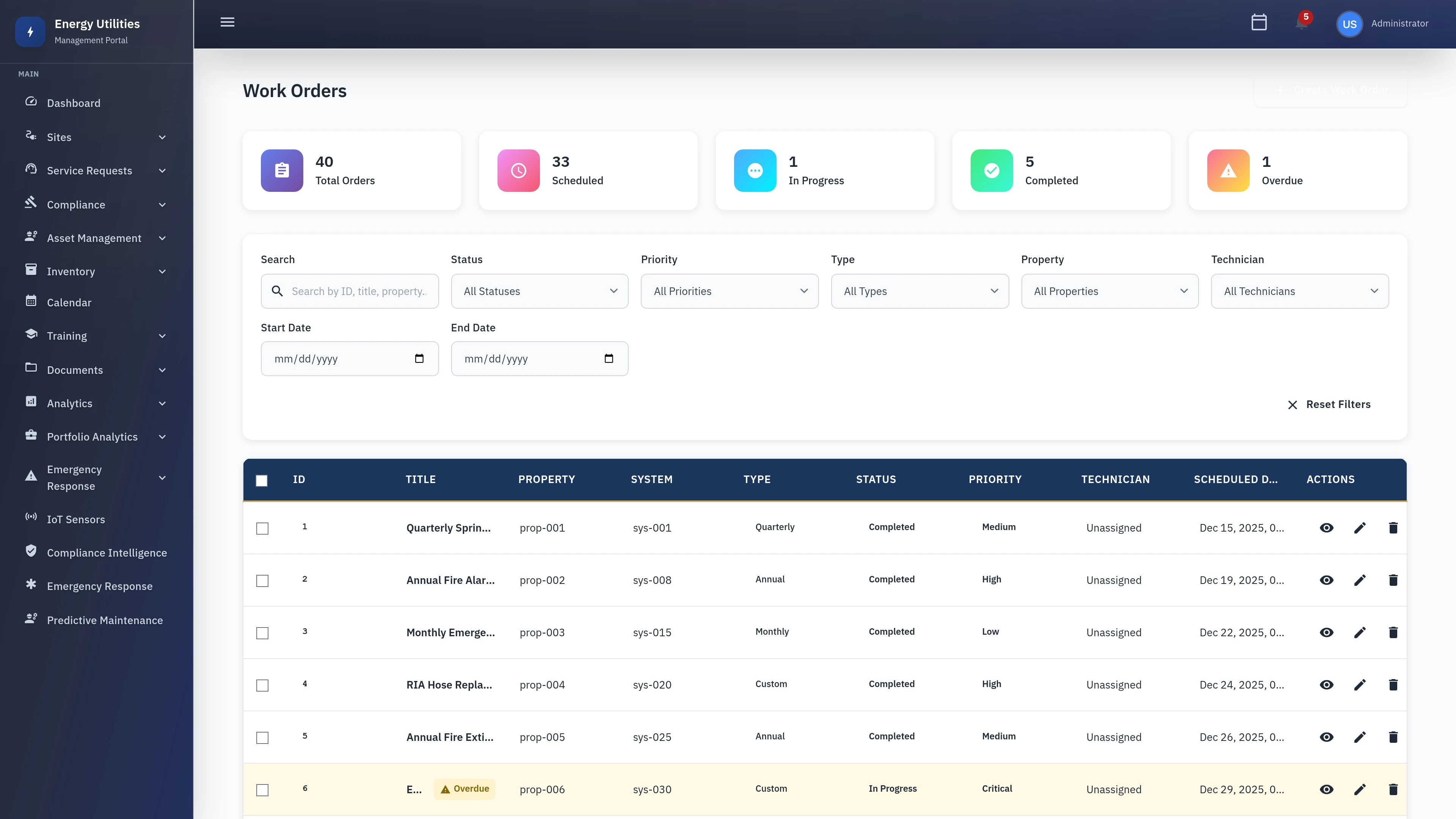Work Orders Management - Maintenance module showing work order tracking and management interface